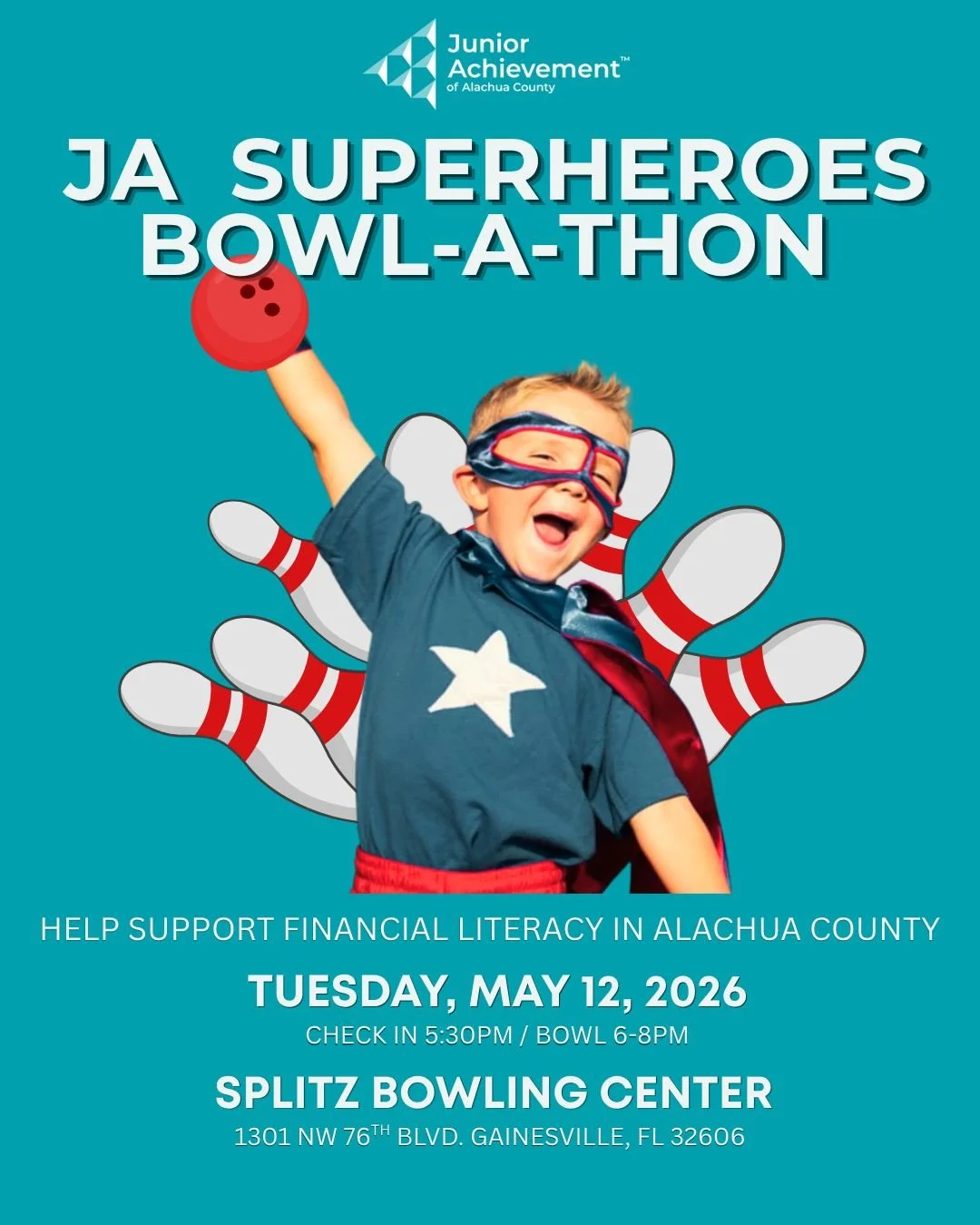 🔥🎳 Get ready to roll with purpose! Just 2 weeks until the JA Superheroes Bowl-A-Thon! 🎳 Grab your team and get ready for a night of strikes, laughs, and making a difference. Every roll helps students in Alachua County build skills for the future!
