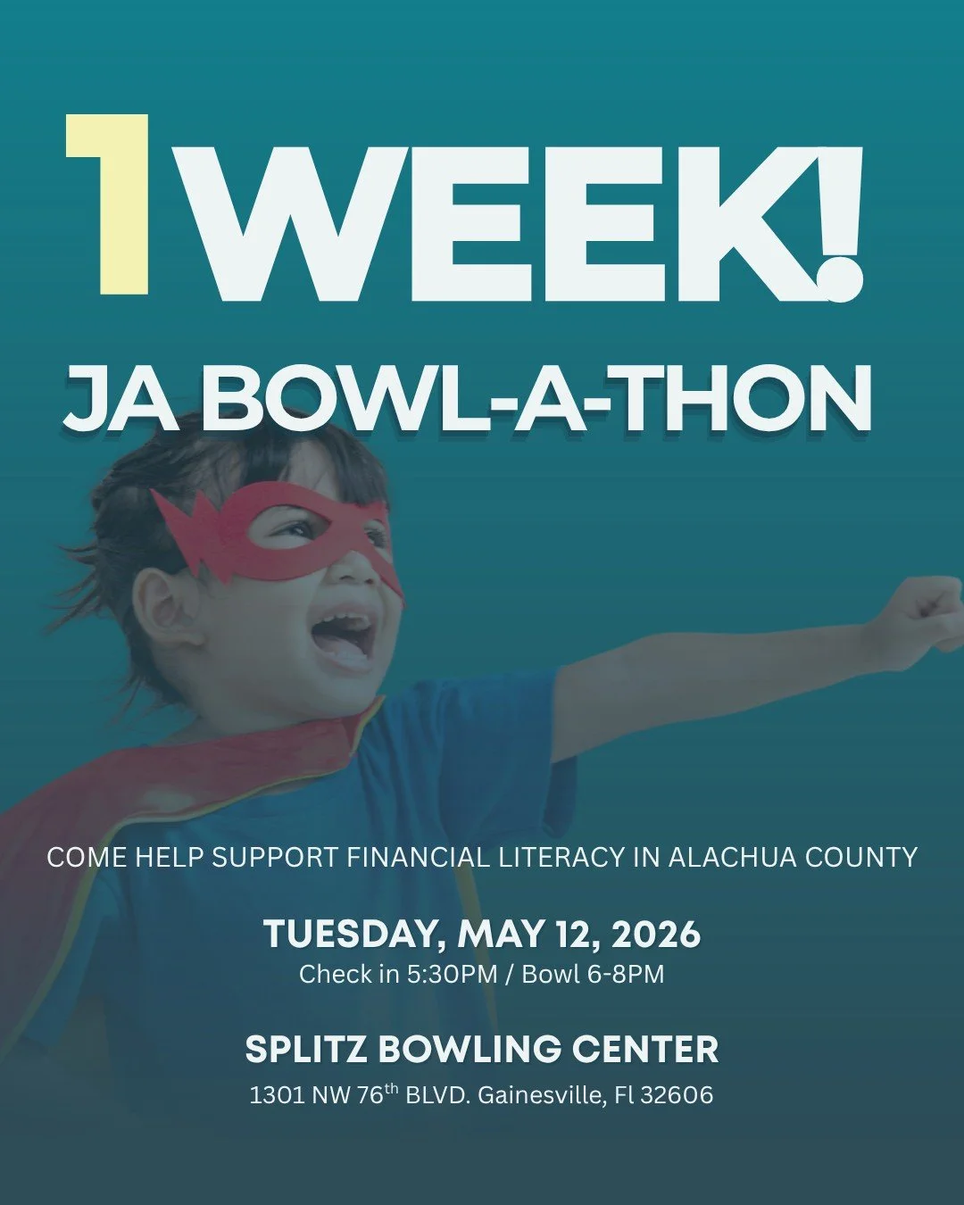 ⚡ Only 1 week left! The JA Superheroes Bowl-A-Thon at Splitsville Bowling Center is almost here! 🎳 Join us for a night of strikes, friendly competition, and supporting students in Alachua County with financial literacy, work skills, and entrepreneur