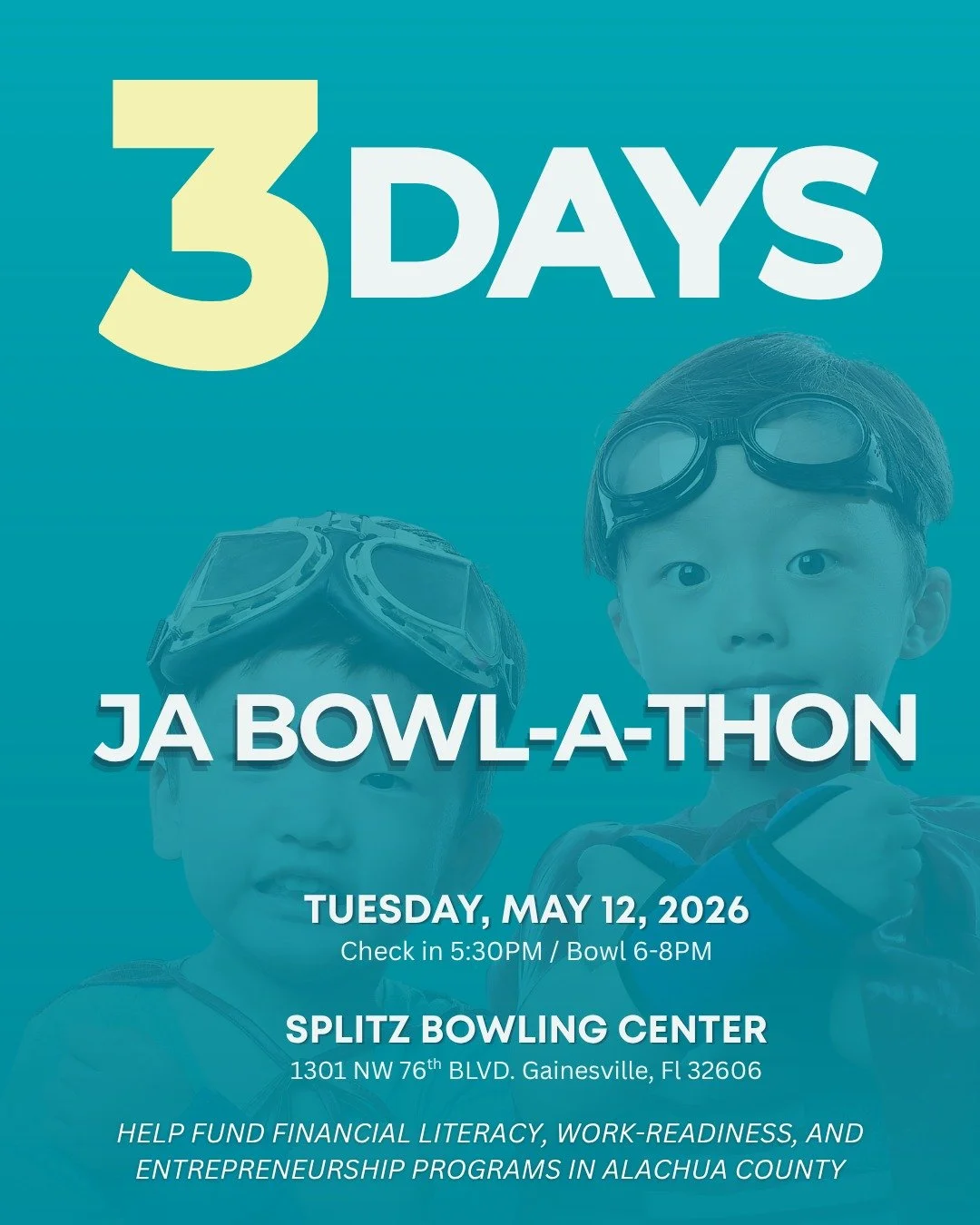 ⏳ Just 3 days to go! The JA Superheroes Bowl-A-Thon is almost here at Splitsville Bowling Center! 🎳 Get ready for a night of strikes, laughs, and making a real difference for students in Alachua County. 🦸&zwj;♂️✨ 
Secure your tickets through the li