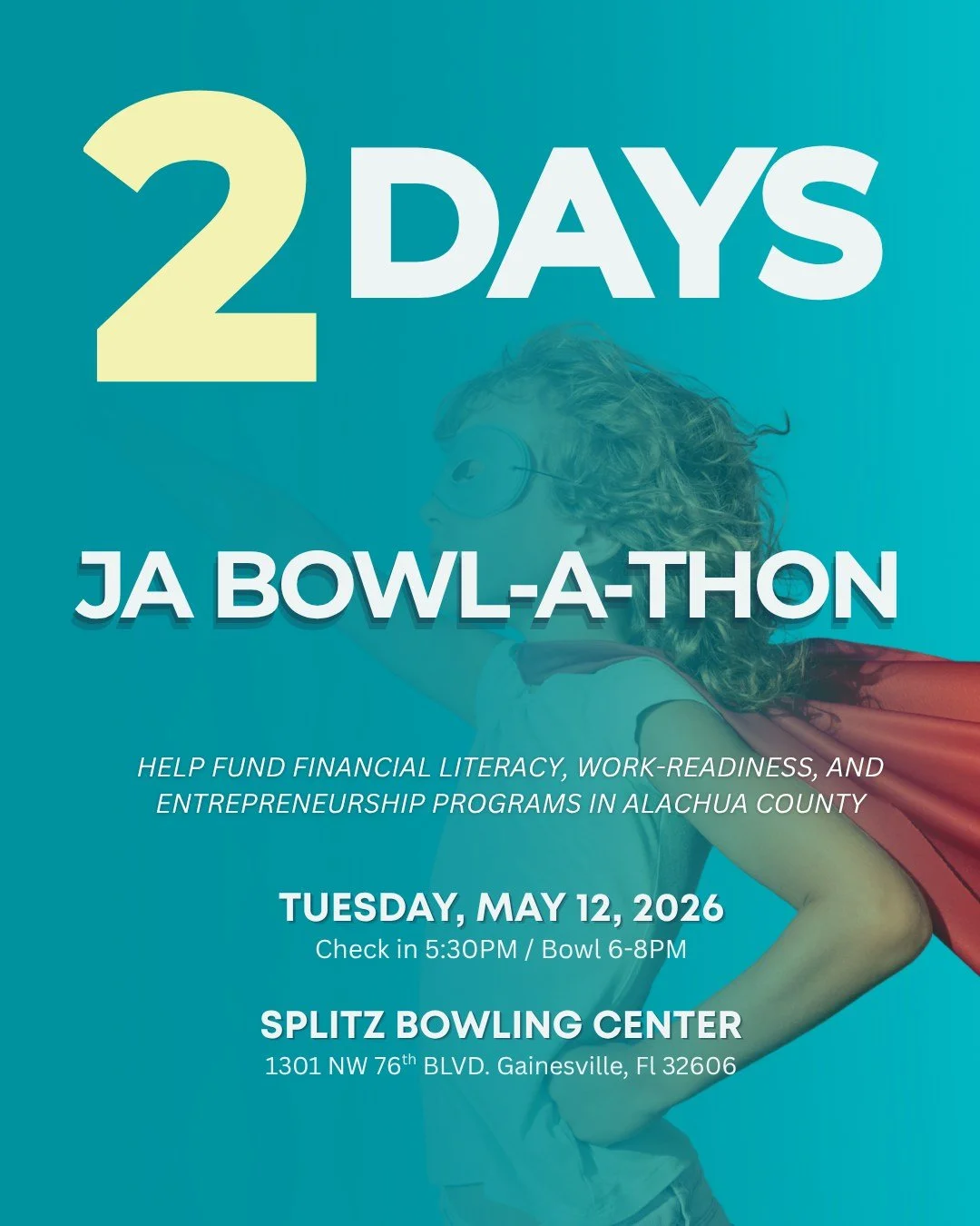 ⚡ Only 2 days left! The JA Superheroes Bowl-A-Thon is rolling in fast at Splitsville Bowling Center! 🎳 Gather your team, bring your energy, and help support students in Alachua County with financial literacy, work readiness, and entrepreneurship pro