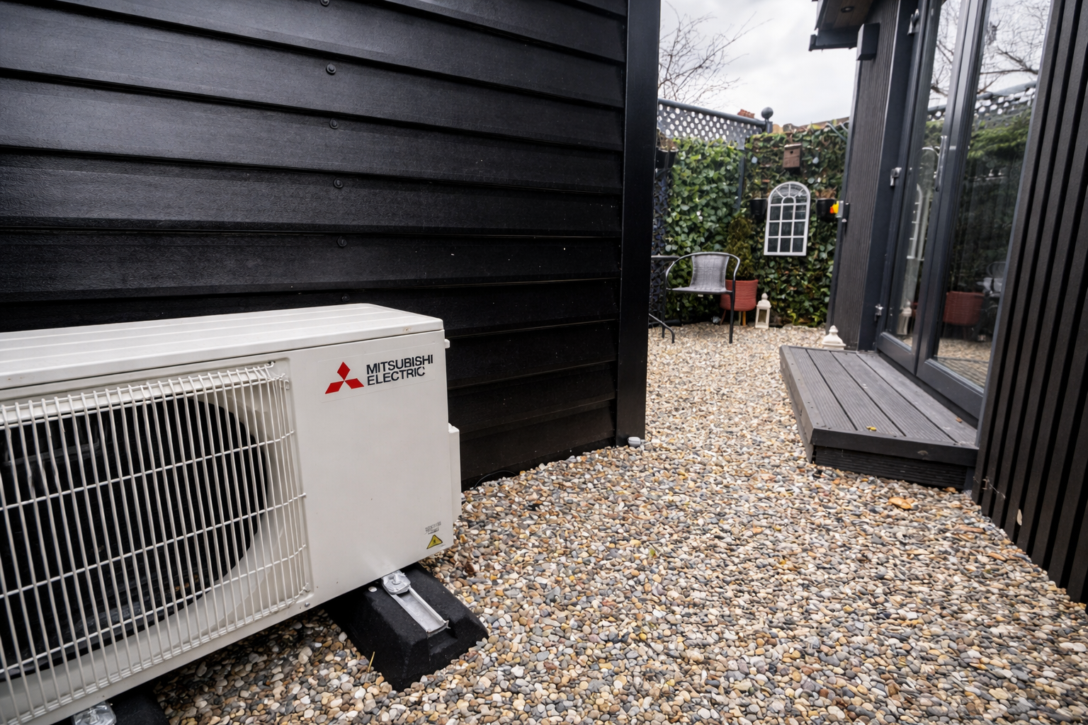 Small gravel patio area next to a black house wall with an outdoor Mitsubishi Electric air conditioning unit. There are two chairs, a small lit lantern, and a decorative white window frame on a green hedge wall in the background.