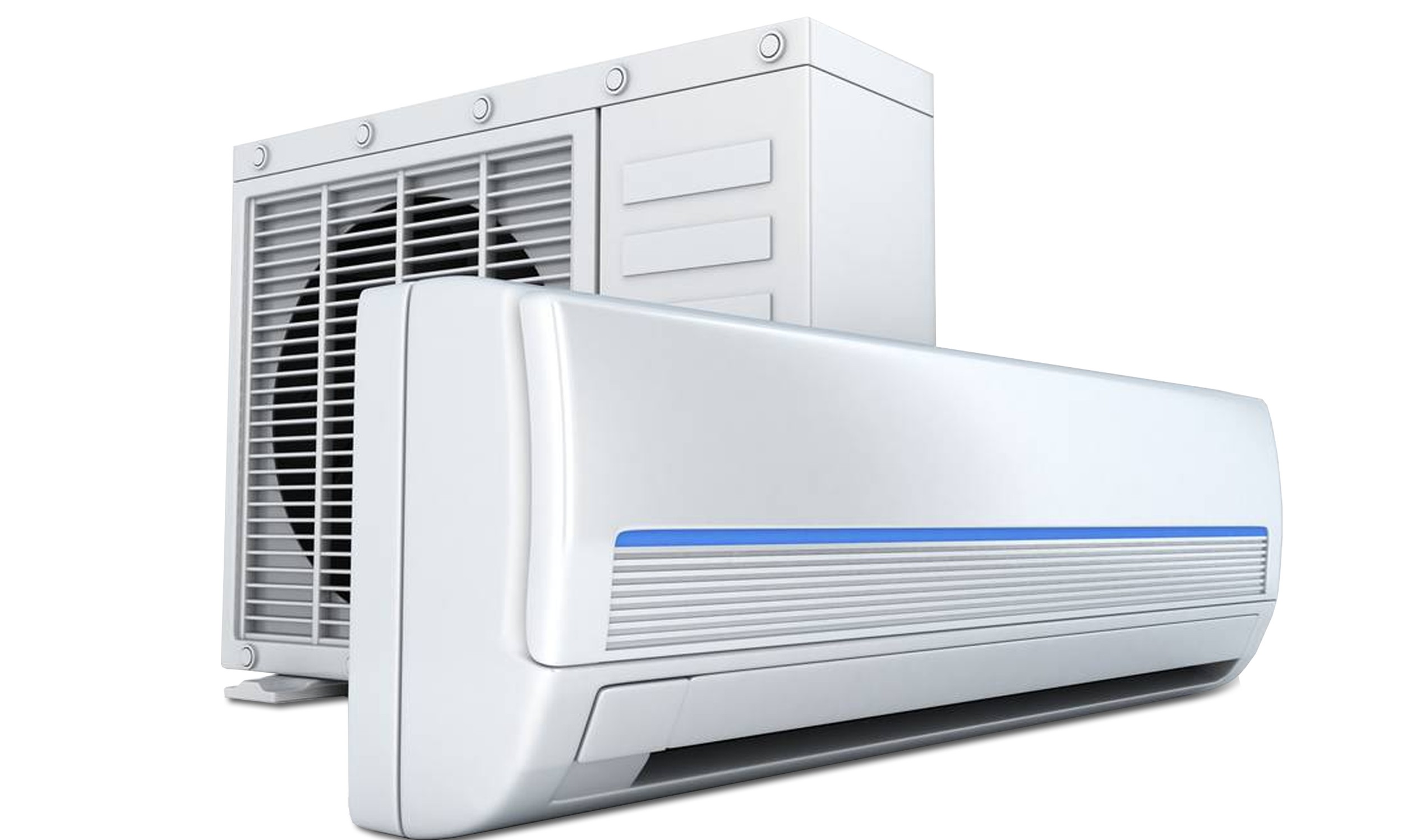 Air conditioning units, including an outdoor compressor and a sleek indoor air handler, with blue accents.