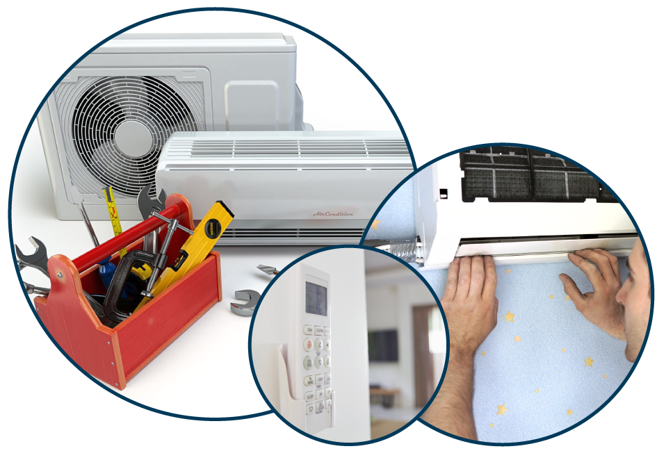 Tools and equipment for air conditioning unit maintenance, including a toolbox with wrenches and screwdrivers, an air conditioner remote control on the wall, and a person installing or repairing an air conditioner.
