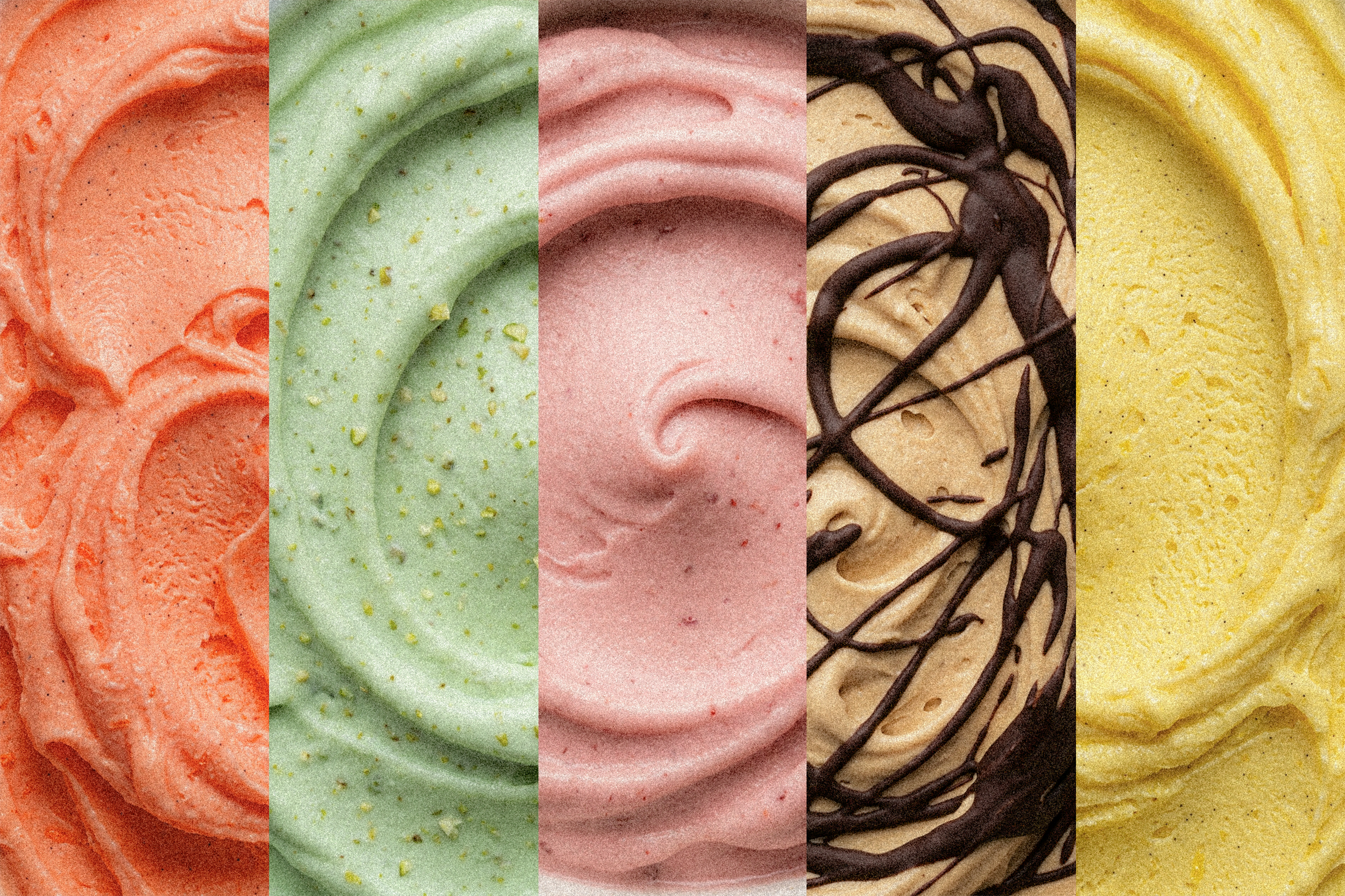 Close-up of five different flavors of ice cream with swirled textures and decorations, including orange, green, pink, brown, and yellow varieties.