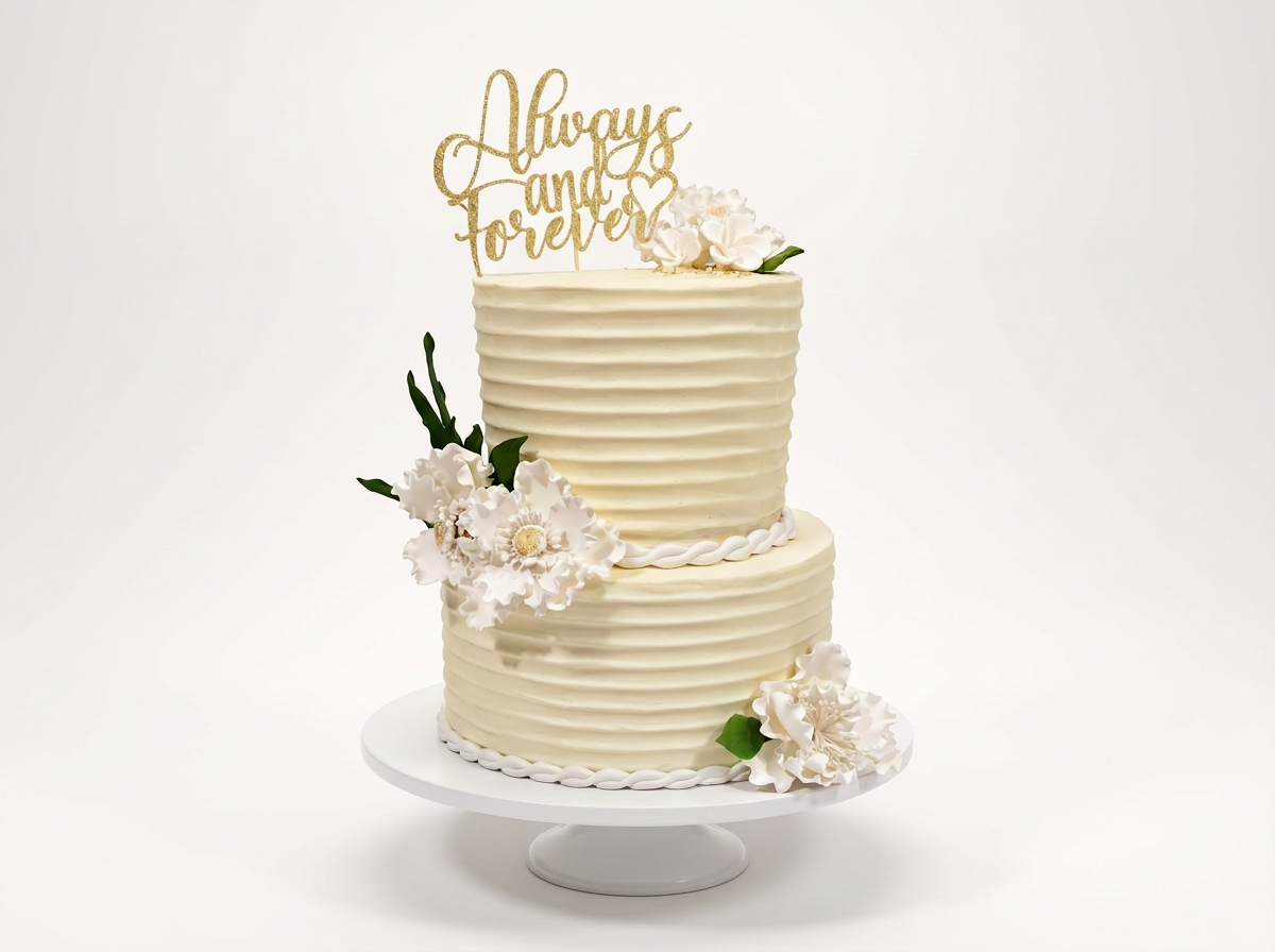 A two-tier white wedding cake with textured horizontal lines, decorated with white flowers and green leaves, topped with a gold "Always and Forever" cake topper, on a white cake stand against a plain white background.