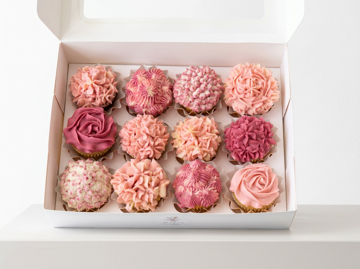 A white box containing twelve pink and purple decorated cupcakes with various frosting swirl designs and textures.