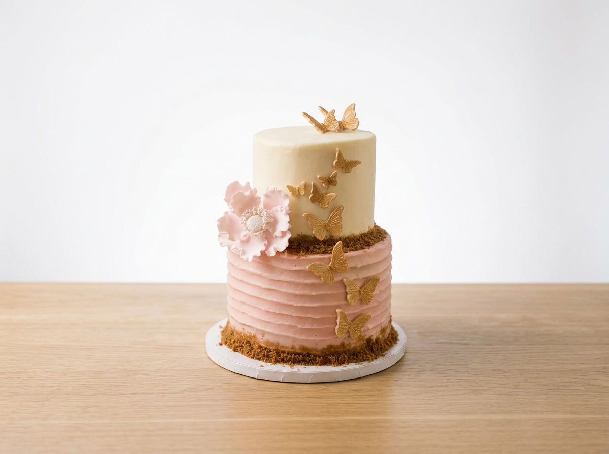 A two-tiered cake with pink, ridged bottom layer and white, smooth top layer. Decorated with gold butterflies, pink flower, and brown crumb-like accents. The cake is on a white circular base on a wooden surface with a plain white background.