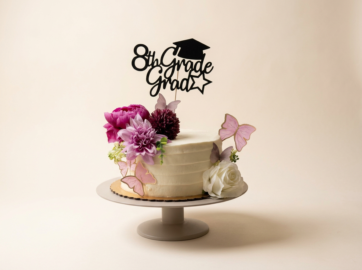 A white cake decorated with pink and purple flowers, butterflies, and a black topper that reads '8th Grade Grad' with a graduation cap icon, on a white cake stand against a plain background.