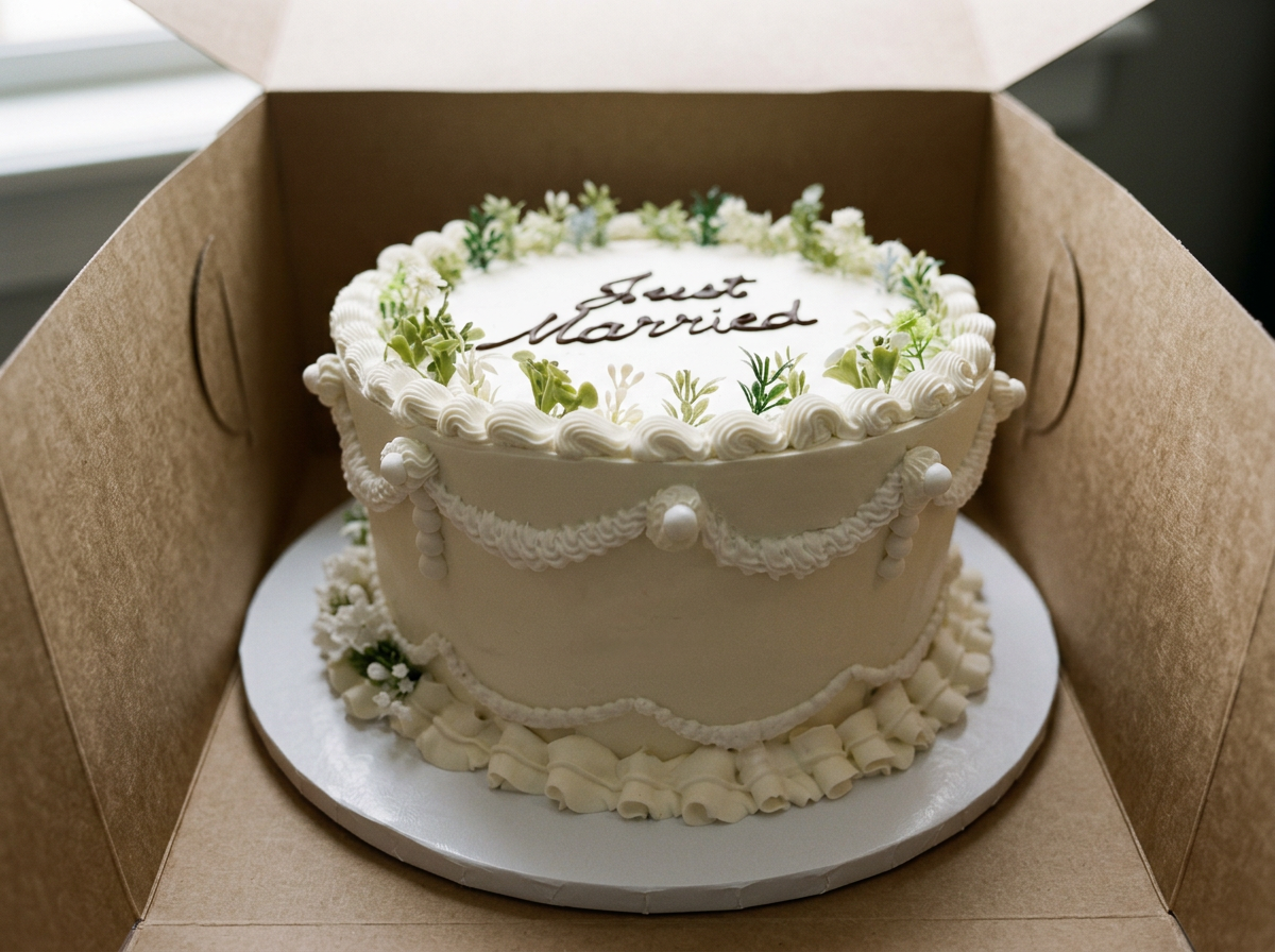 A wedding cake decorated with white icing, flowers, and pearls inside a cardboard box. The cake has the words 'Just Married' written on top.