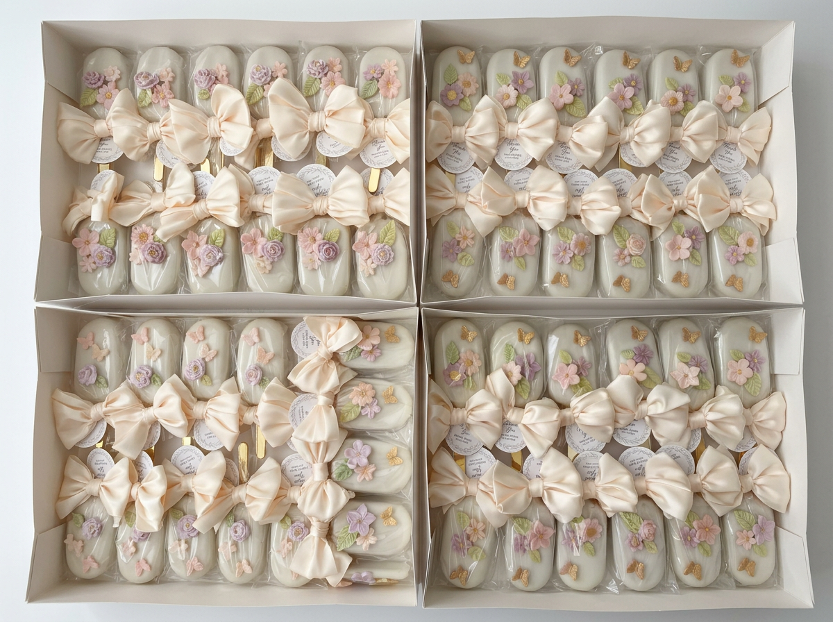 Boxes of decorated cakesicles with pastel-colored flower and butterfly decorations, wrapped with satin bows.