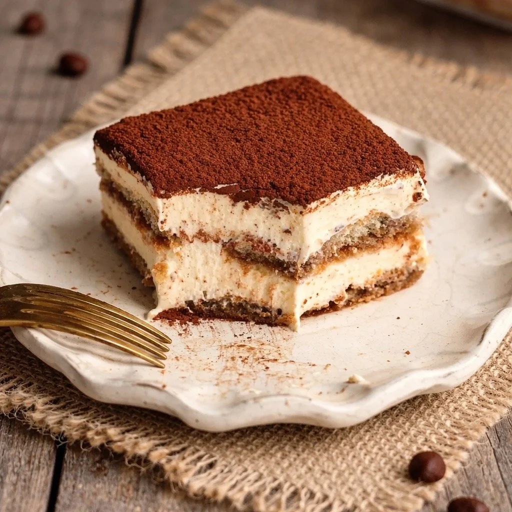 A slice of layered tiramisu dessert with cocoa powder on top on a white plate.