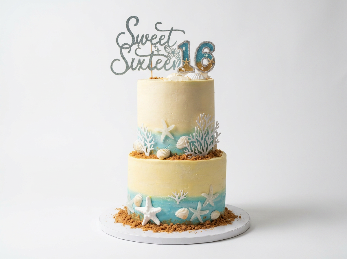 A two-tier ocean-themed birthday cake with sand and seashell decorations, topped with a "Sweet Sixteen" sign and a "16" cake topper.