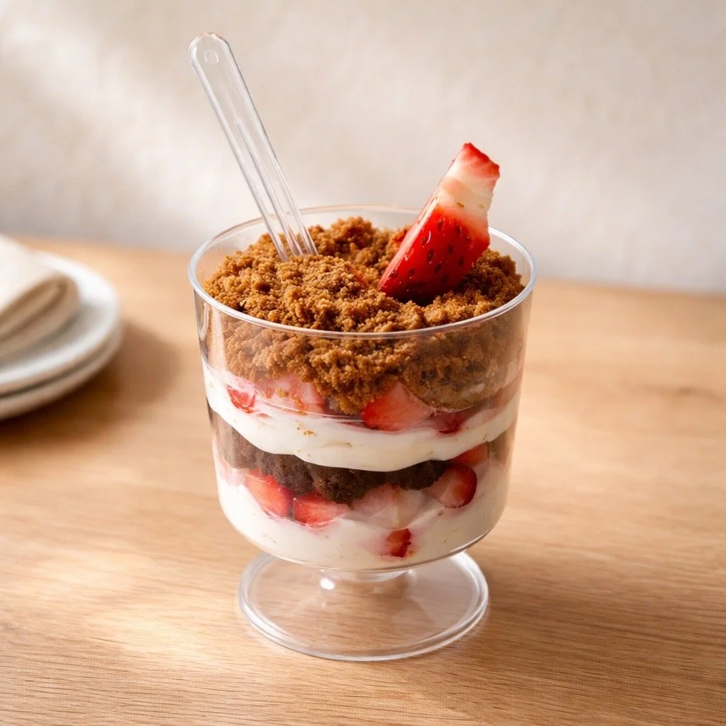 Strawberry and crumble parfait in a glass with layers of strawberries, whipped cream, chocolate crumbs, and topped with crumbled graham cracker and a slice of strawberry.