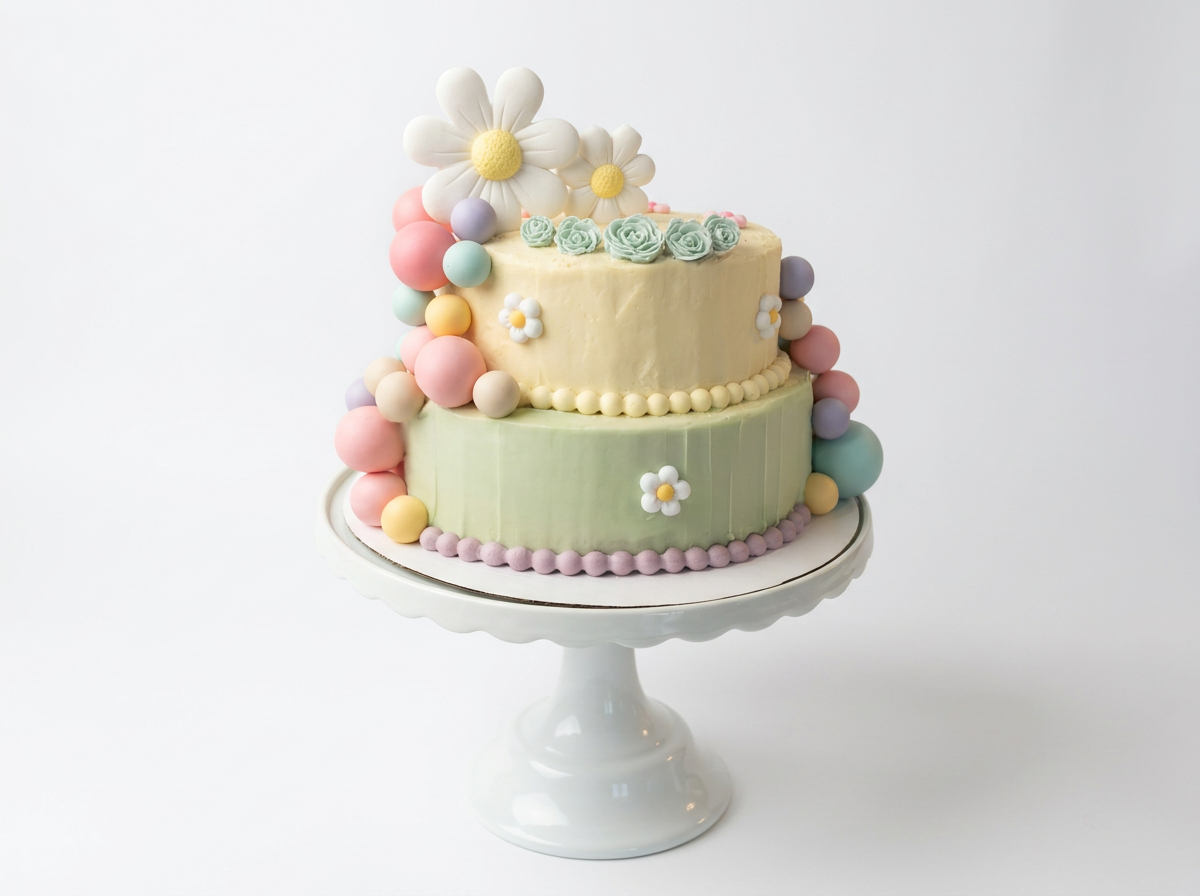 A two-tiered cake decorated with pastel-colored balls and small white flower decorations, topped with large white flowers with yellow centers, on a white pedestal cake stand.