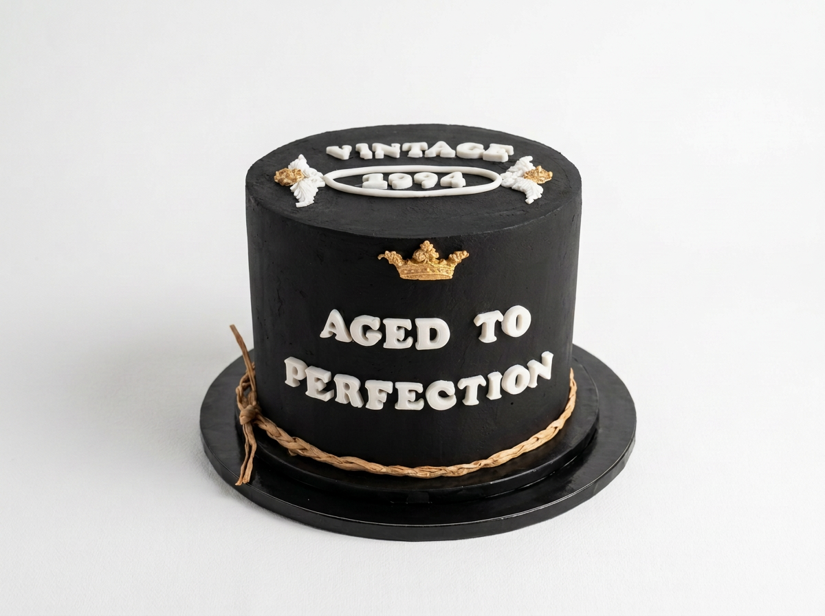 Black birthday cake with white and gold decorations, saying "Aged to Perfection" and top with a gold crown and the words "VINTAGE 1964".