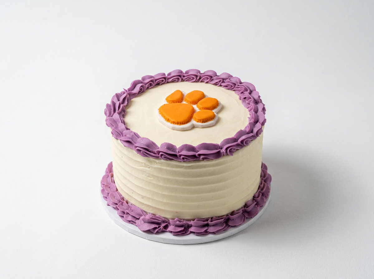 A round cake with white frosting and purple frosting border; a paw print design on top made of orange and white frosting.