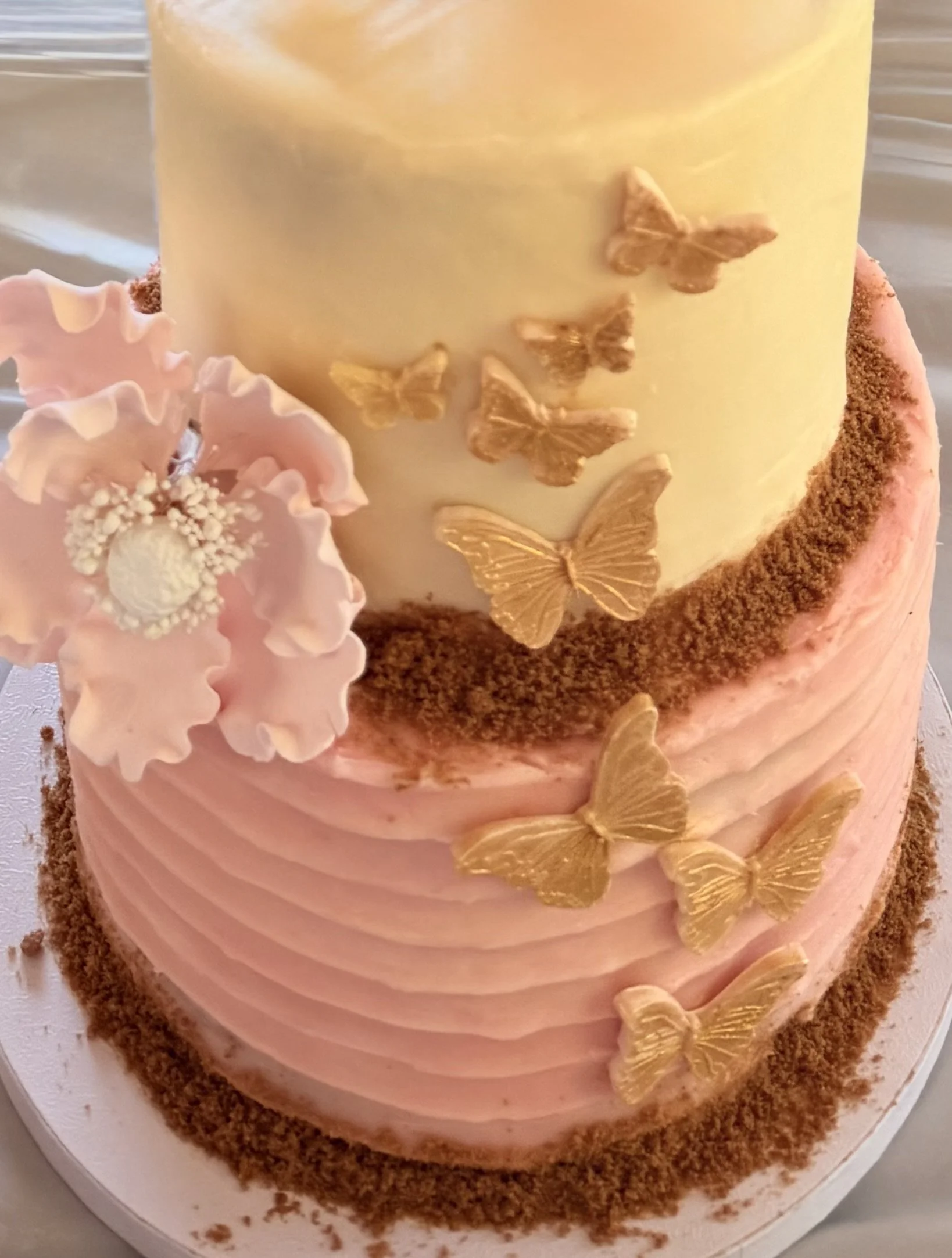 A round cake decorated with gold butterfly and flower accents, pink ruffled icing, and a ring of chocolate crumbs around the base.