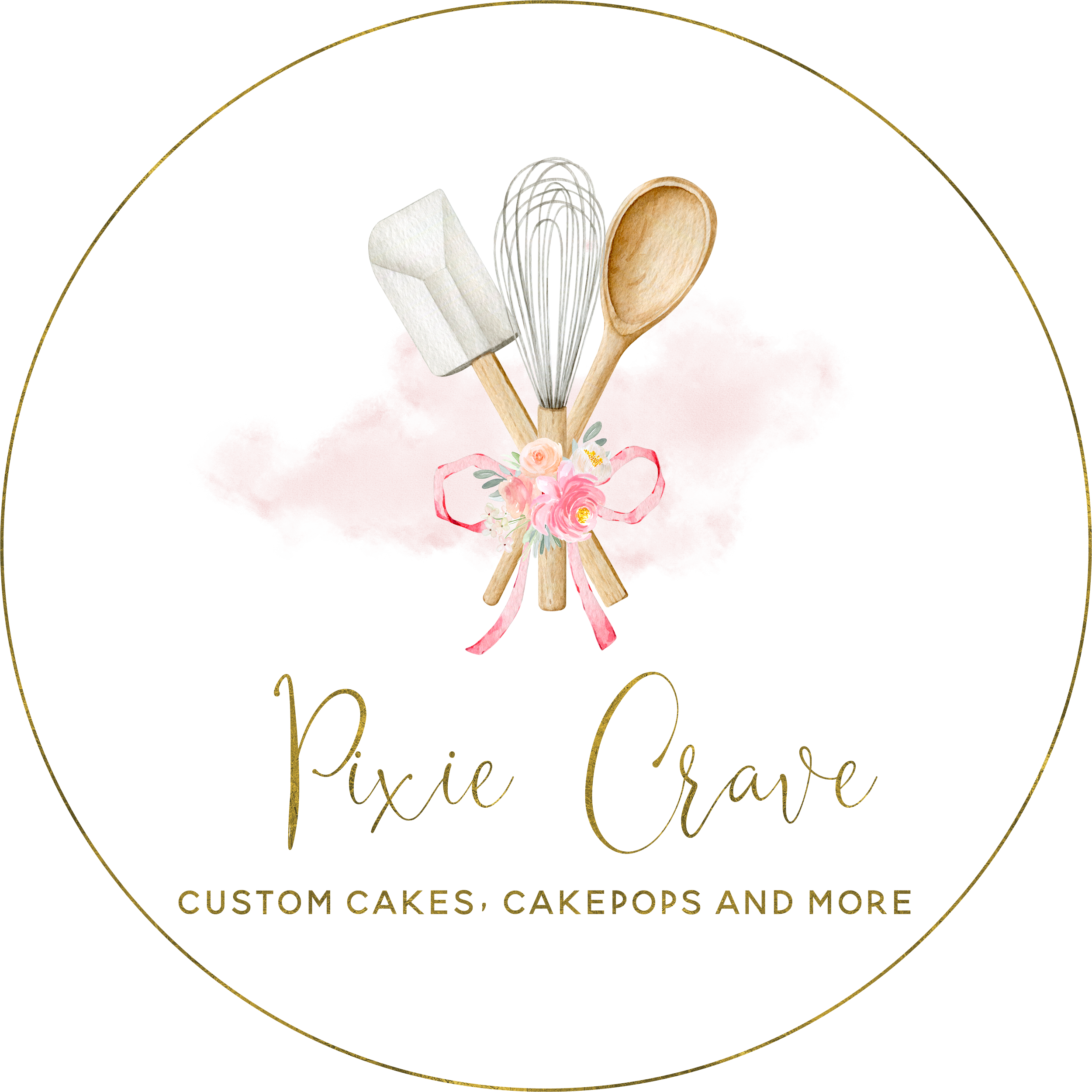 A round logo with a gold border and gold cursive text that reads: 'Fresh, Love, Custom Cakes, Cake Pops and More'. In the center, there are illustrated baking utensils including a spatula, whisk, and wooden spoon, surrounded by pink and peach flowers and greenery against a light pink watercolor background.