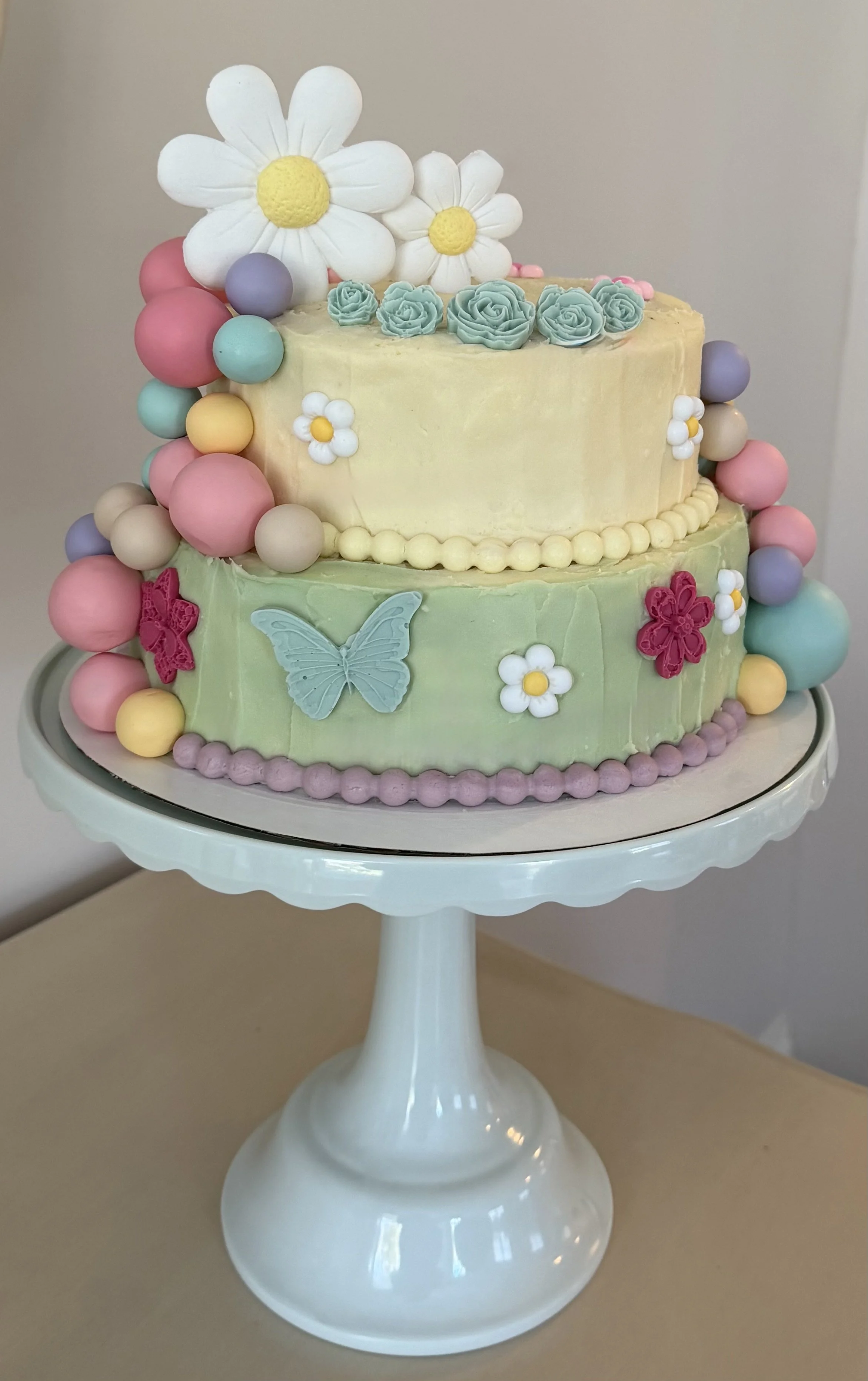 A two-tiered pastel-colored cake decorated with flowers, butterflies, and spherical candies, displayed on a white cake stand.