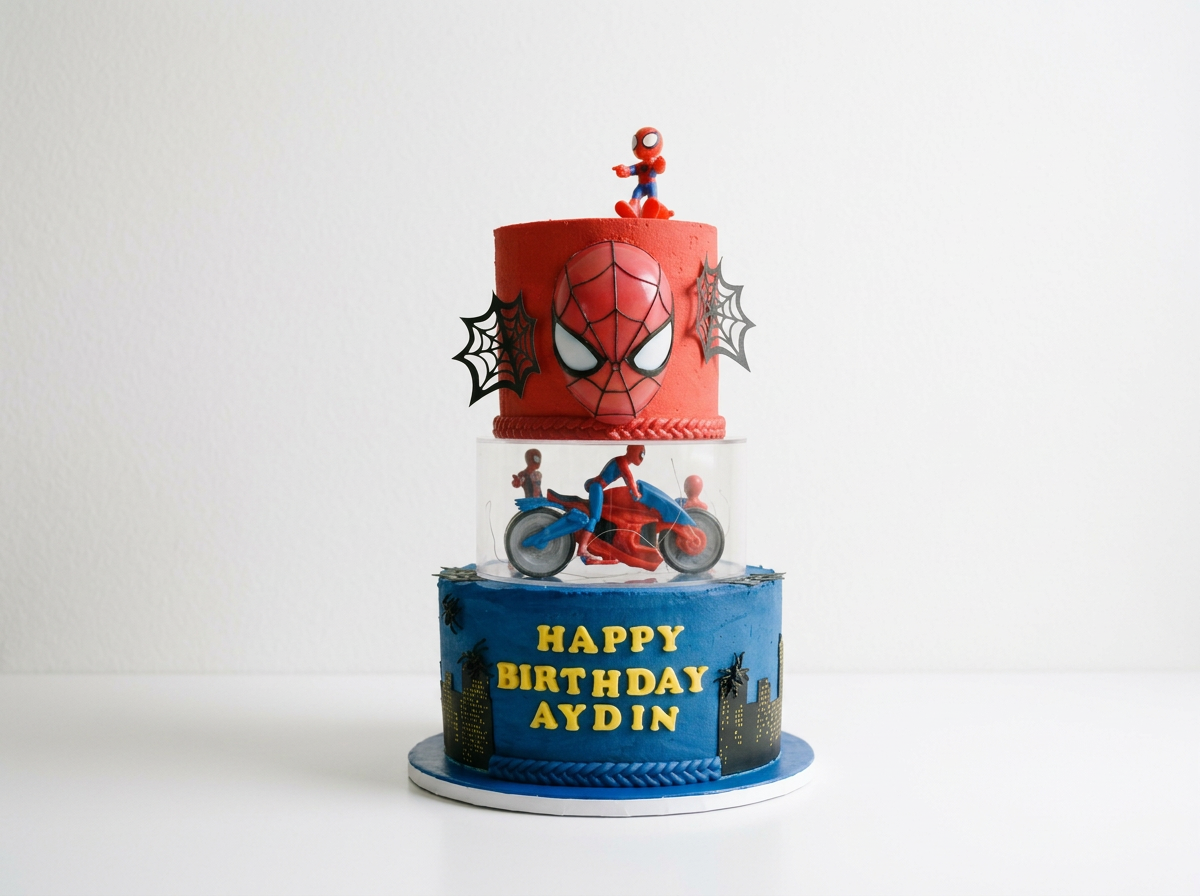 Three-tier Spider-Man themed birthday cake with Spider-Man face and webs on the top layer, a Spider-Man figurine on top, a Spider-Man figurine riding a motorcycle on the middle layer, and a blue bottom layer with yellow letters that read 'HAPPY BIRTH
