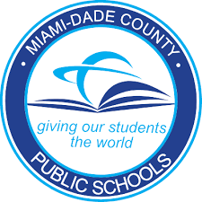 Miami-Dade County Public Schools logo with a blue circle, an open book, a bird, and the slogan 'giving our students the world'.