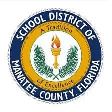 Seal of the School District of Mannatee County, Florida, with a torch and palm branches.