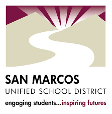 Logo of San Marcos Unified School District with stylized road or river and rays of light, featuring the tagline 'engaging students...inspiring futures'.
