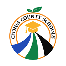 Logo of Citrus County Schools featuring an orange circle with the text, a graduation cap and a multicolored road inside.