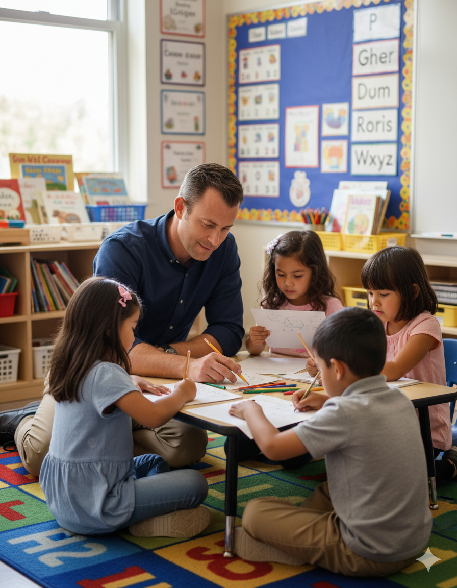 A teacher and four young students working at a table in a classroom. The students are drawing and writing with colored pencils. The classroom has a brightly colored alphabet and number rug, bookshelves, and educational posters on the walls.