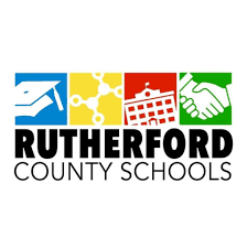 Logo of Rutherford County Schools featuring icons of a graduation cap, a molecular structure, a school building, and a handshake.