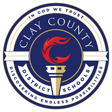 Clay County District Schools logo featuring a red dragon, a torch, and text in a circular design.