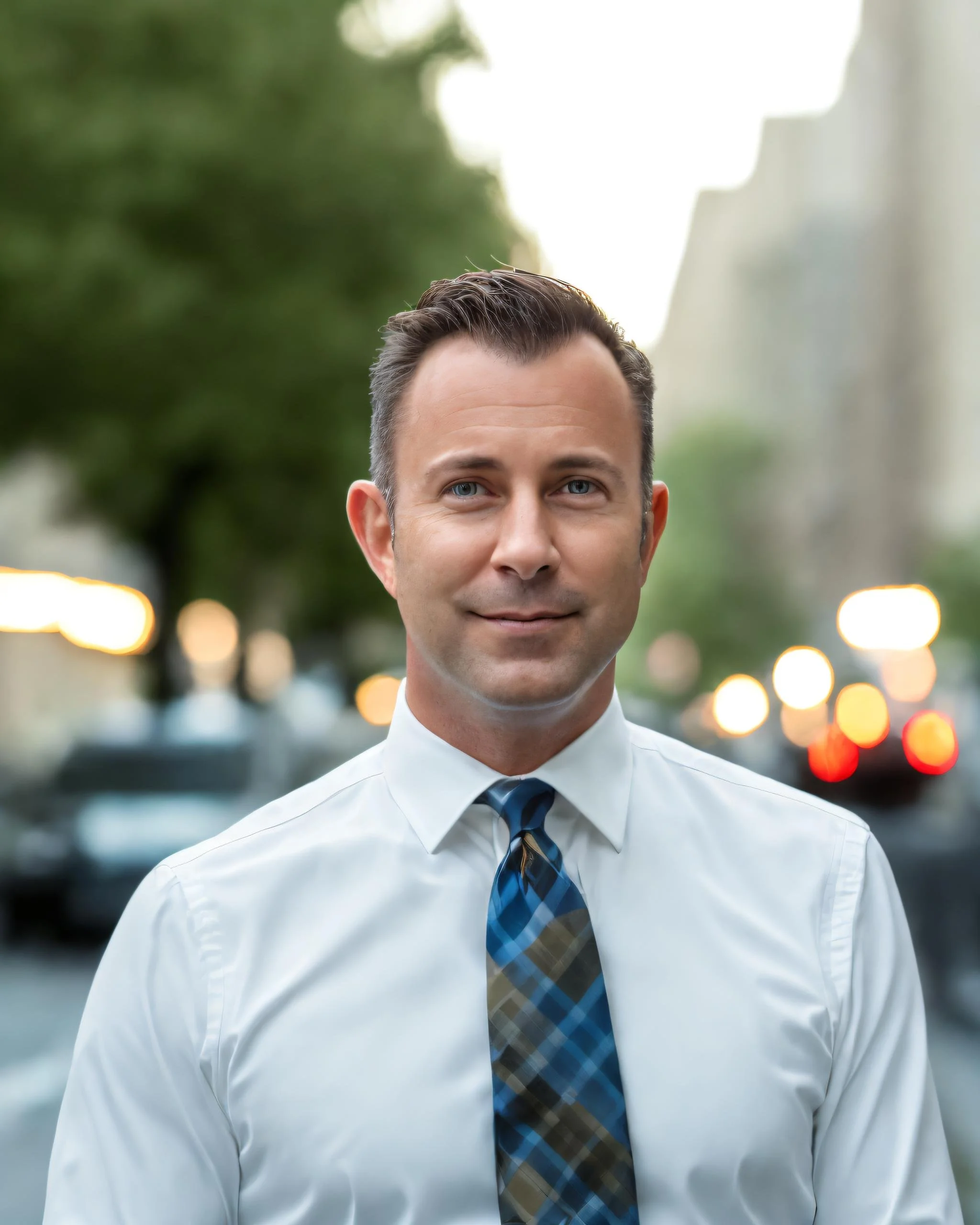 A man with short dark hair and blue eyes wearing a white dress shirt and a plaid tie standing outdoors in front of blurred trees and city lights.