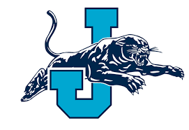 A logo featuring a blue letter 'U' with a black panther jumping through it.
