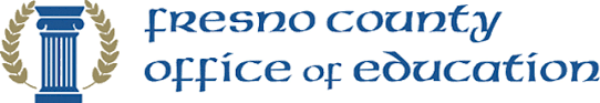 Logo of Fresno County Office of Education featuring a blue pillar with a laurel wreath surrounding it.