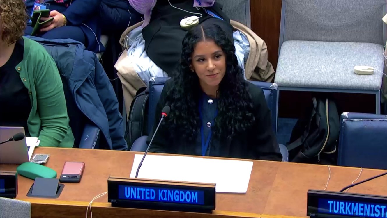 Neisha Hussain speaking as UK's UN Youth Delegate at the United Nations.