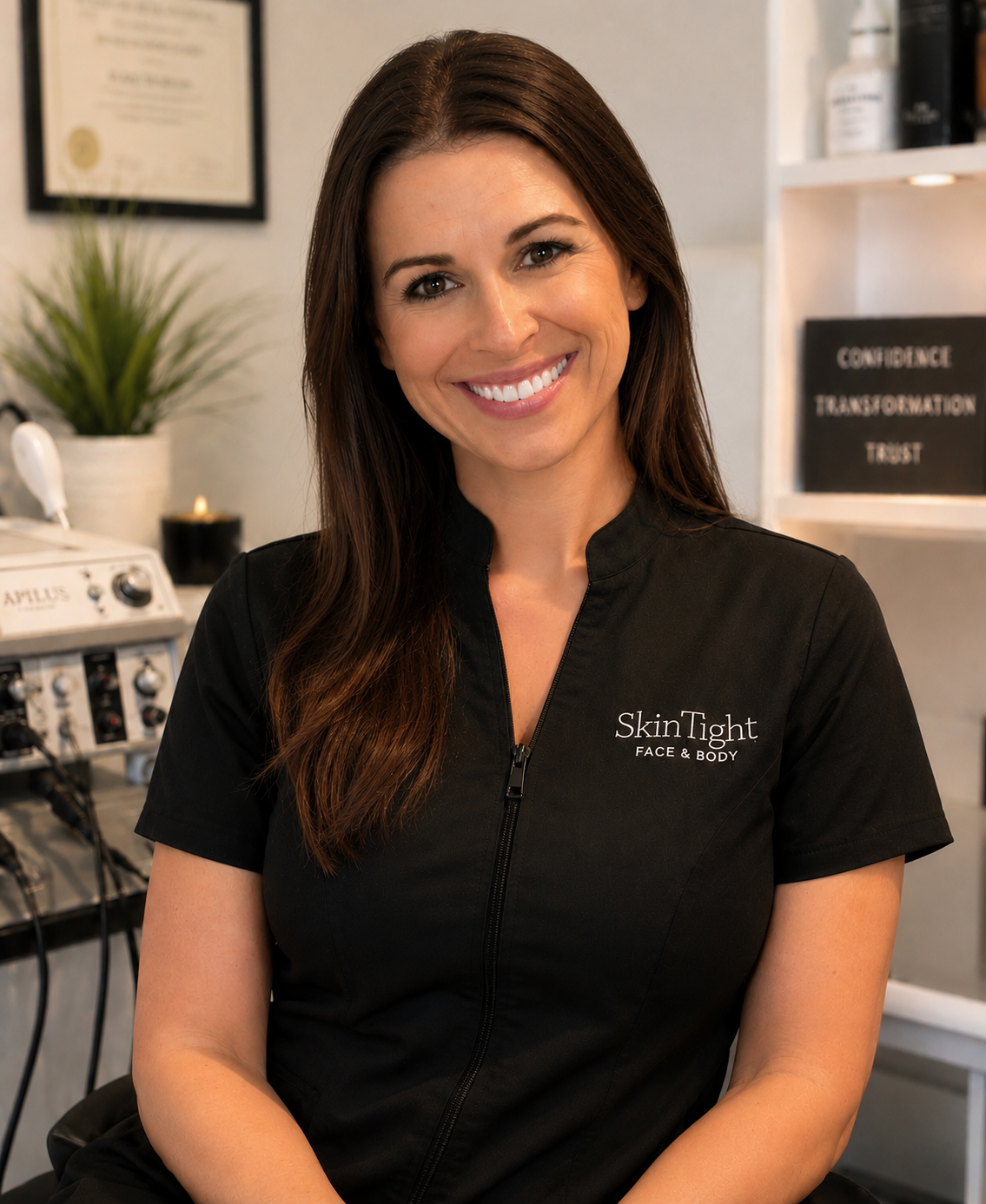 A smiling woman with long brown hair wearing a black uniform with 'SkinTight Face & Body' embroidered on it, sitting in a wellness or medical clinic setting, with a framed certificate and motivational signs in the background.
