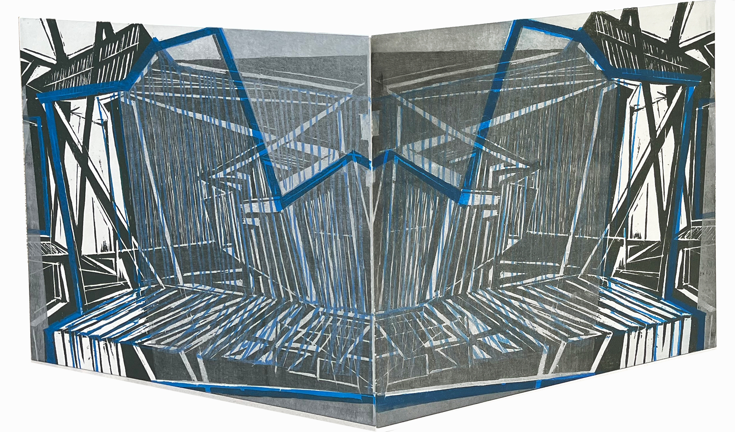 'Blauwe Lijn' (blue line) cardboardprint on japanese paper sticked on wood. 