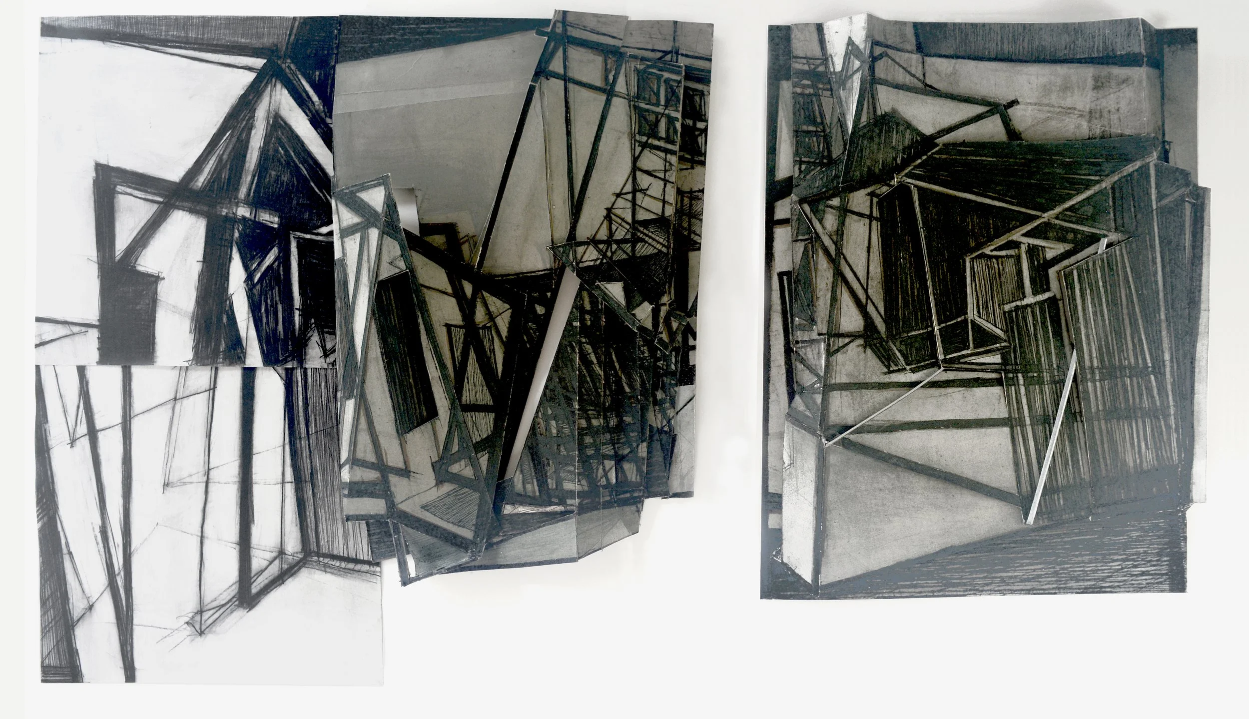 folding, cardboardcollage+charcoal 80x150cm 2025