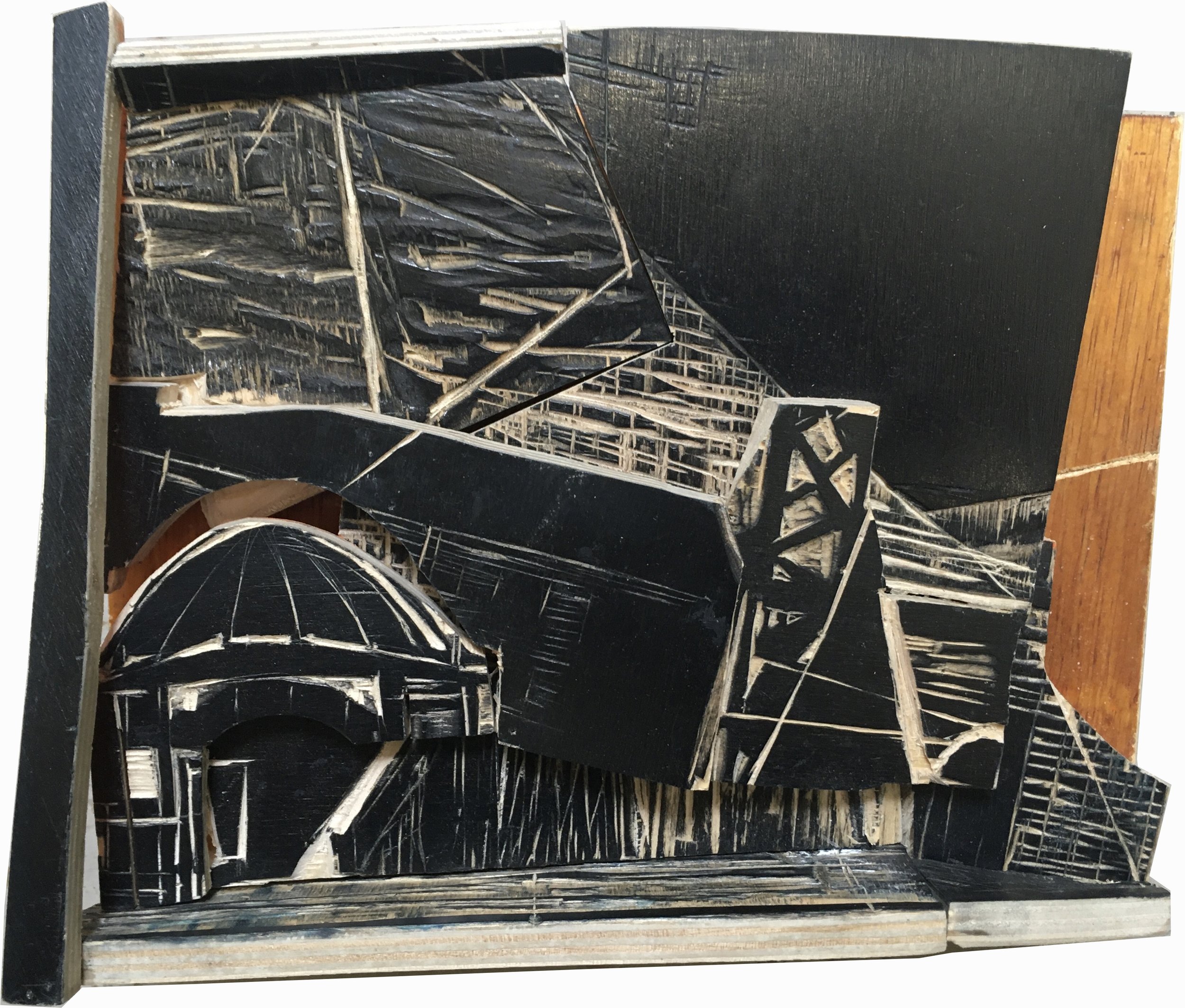 cloudburst/wolbreuk, woodcut collage 25x19x6cm 2024