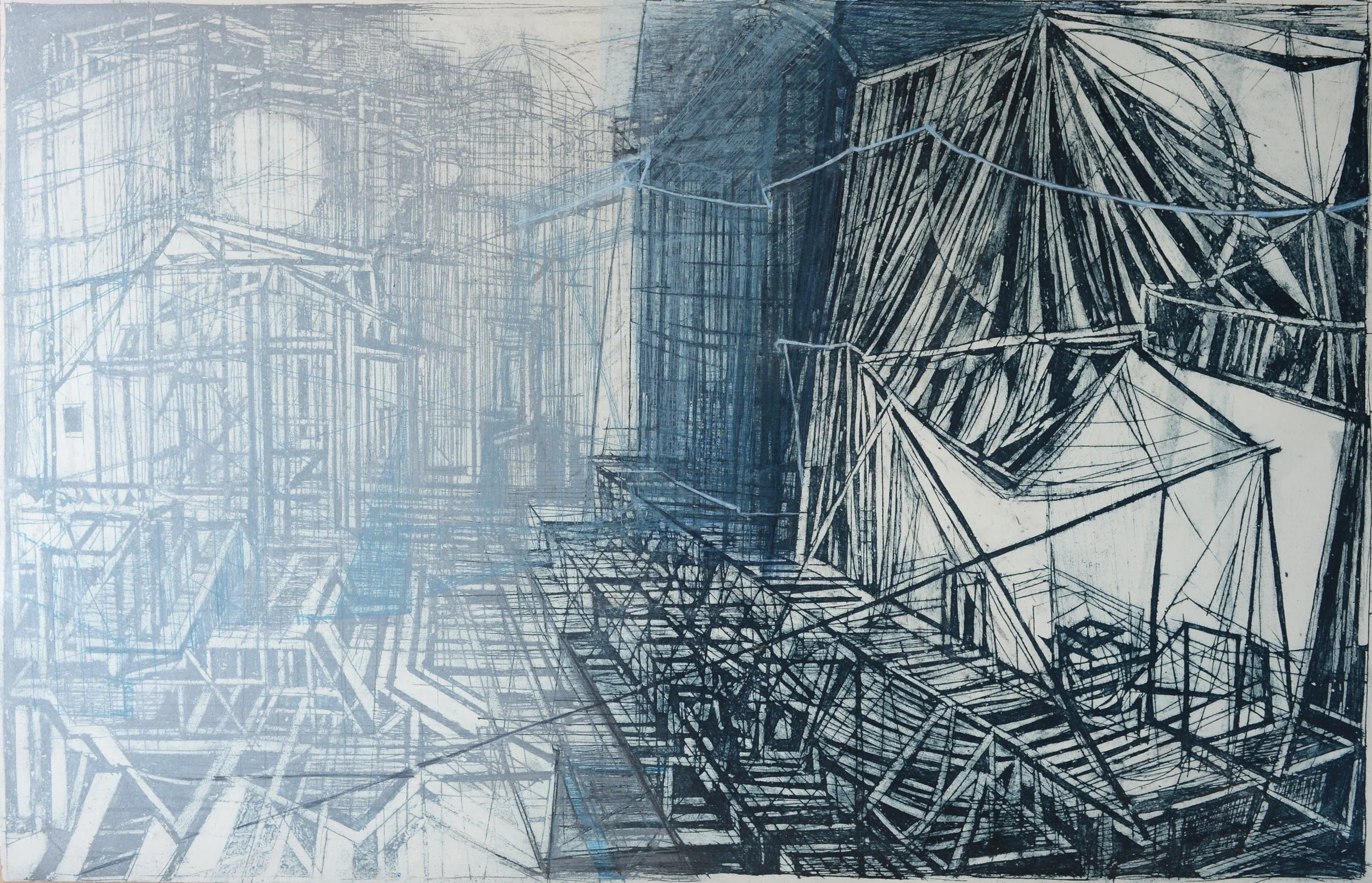 from the series: 'Invisible Cities' cardboardprint 98x58cm 2025
"The series 'Invisible Cities' is inspired by the city of Sofronia from Italo Calvino's magnificent book. This city consists of two halves; one half (a circus) is permanent, the other ha