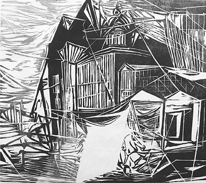 under construction,  woodcut 55x52cm, 2023