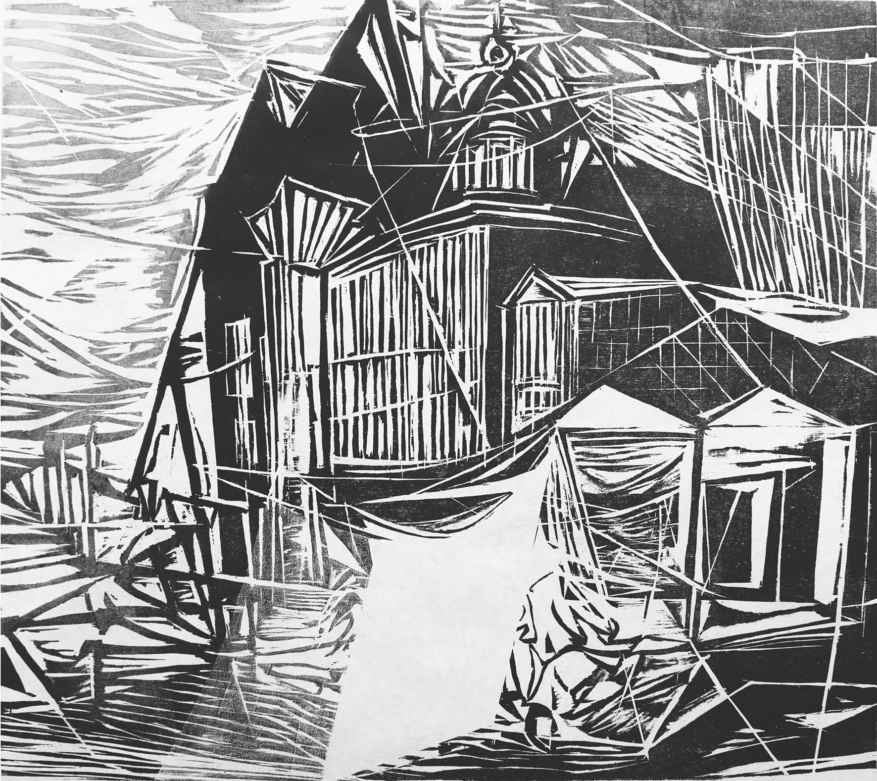 under construction,  woodcut 55x52cm, 2023
