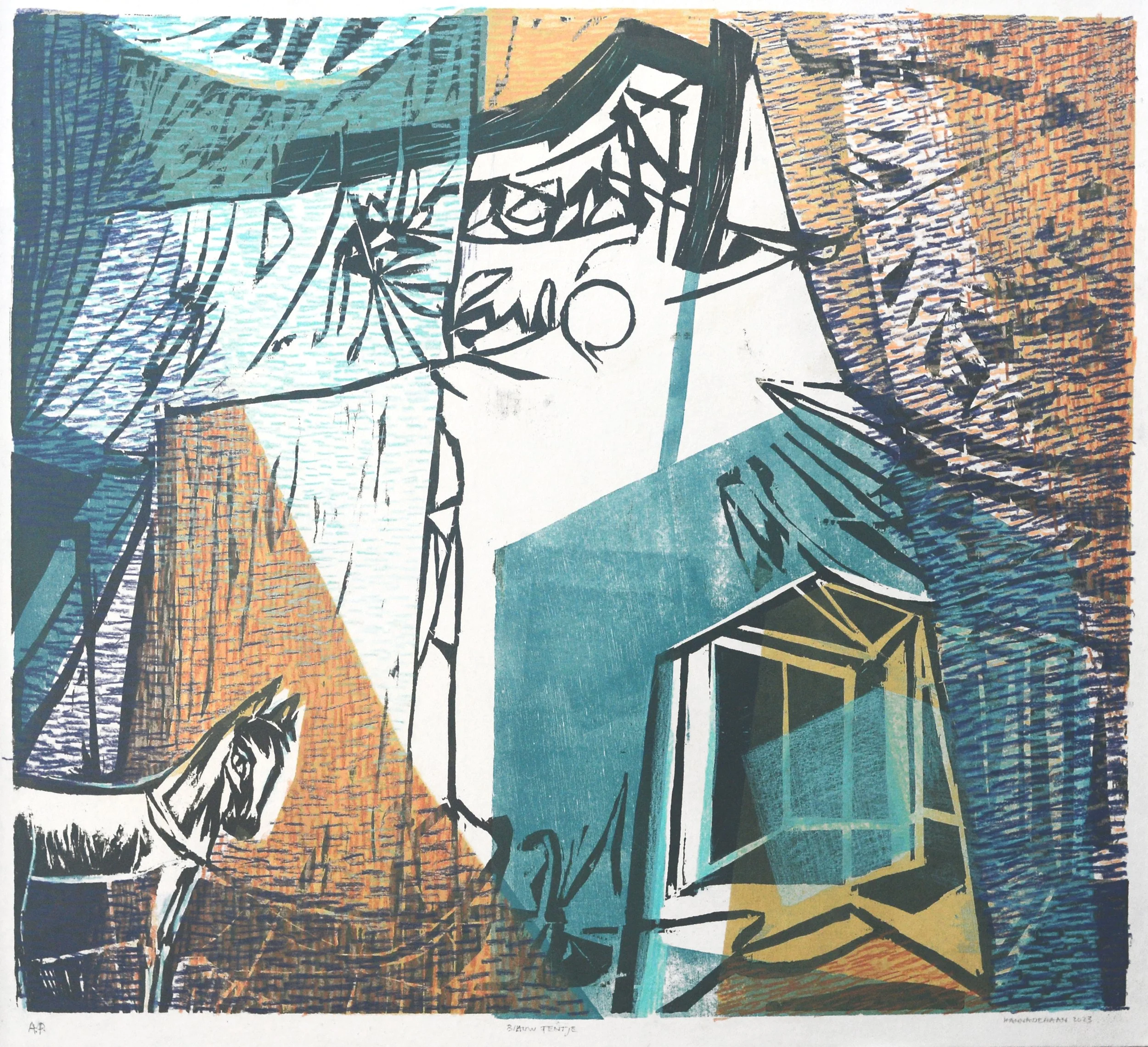 'blauw tentje' woodcut 55x52cm, 2023