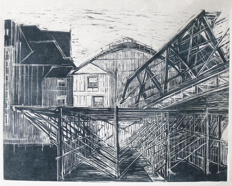 Amsterdam CS, woodcut 95×74cm, 2015