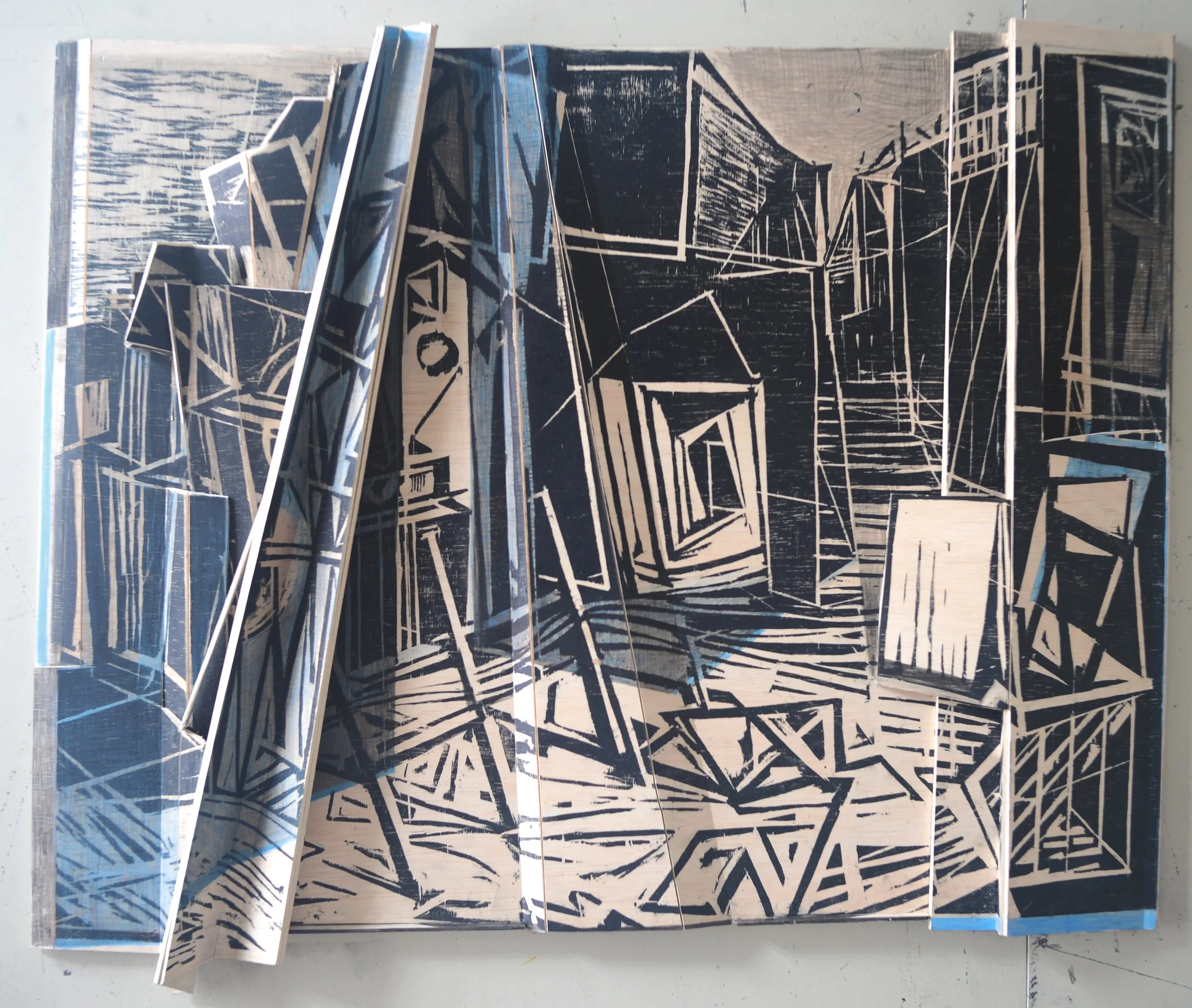 zigzag, folded woodcut/crayon 59x77cm 2024