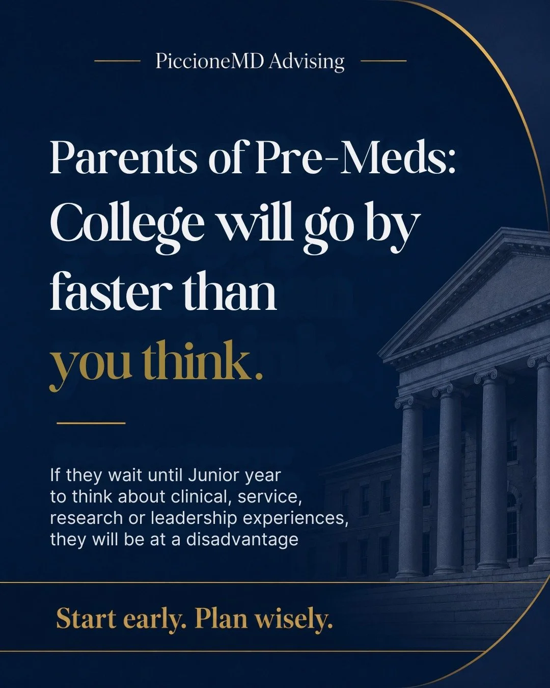 Parents of pre-meds: college moves quickly.

Your student may be balancing classes, independence, friends, activities, and everything that comes with college life. But medical school preparation is not something that should wait until junior year.

C