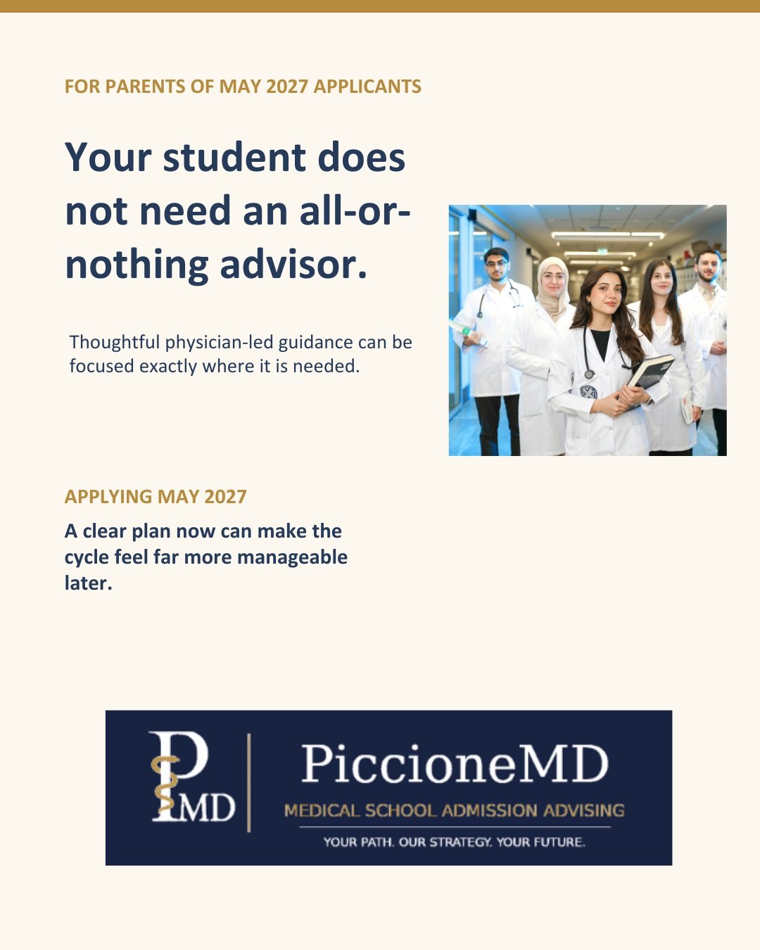 Medical school application advising should not be all- or -nothing.

Your student may only need a clear strategy and timeline. Or they may want support with their school list, primary application, activities, personal statement, secondaries, or inter