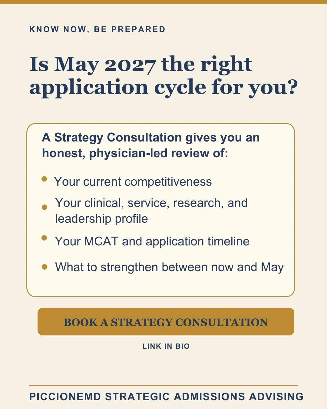 Planning to apply to medical school in May 2027?

Spring is too late to discover that your application is not ready.

Between now and May, you need an honest assessment of:

&bull; Your academic and MCAT competitiveness.  Or strategy for ideal MCAT t