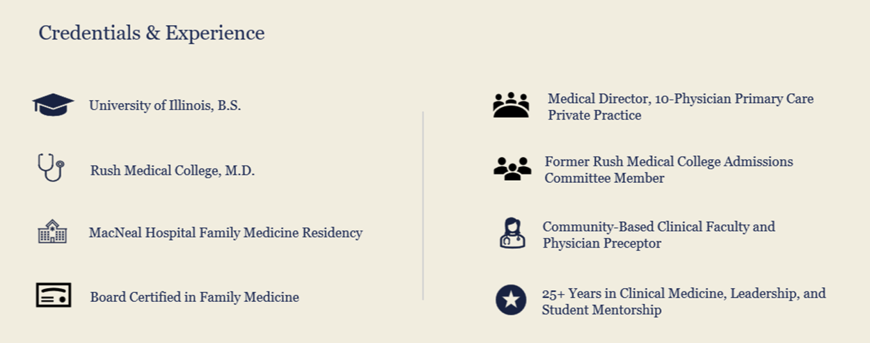 Section titled 'Credentials & Experience' listing educational and professional credentials with icons, including University of Illinois, Rush Medical College, MacNeal Hospital Family Medicine Residency, Board Certified in Family Medicine, Medical Director, Rush Medical College, Former Admissions Committee Member, Community-Based Clinical Faculty, and 25+ Years in Medical Practice.