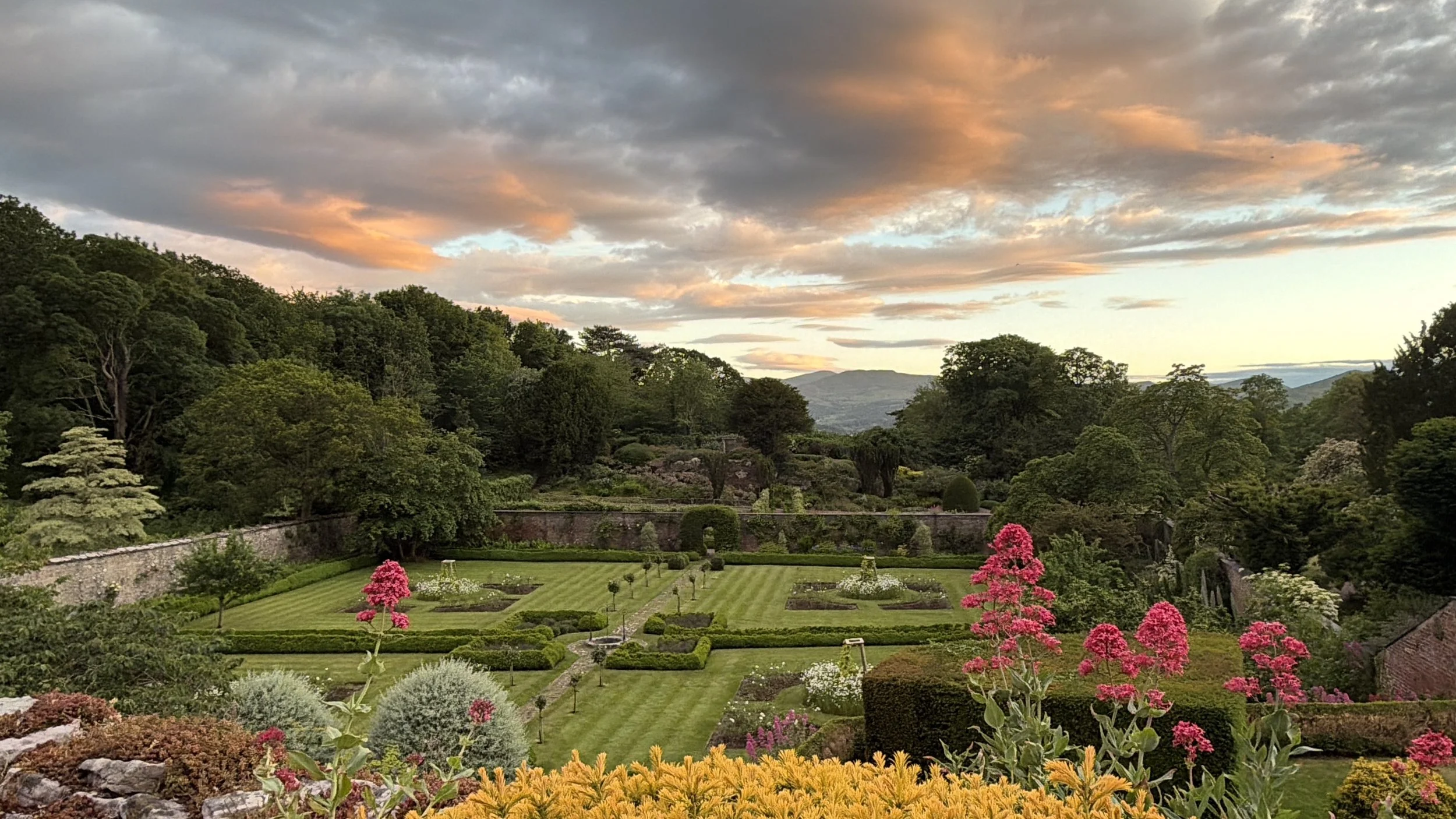 Knot garden: Bodysgallen Hall's historic box-hedge knot garden in golden evening light